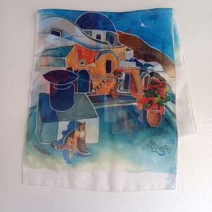 Ifasma Scarf Made In Greece Greek Village Kos Isles Cat Azure Design Rectangle